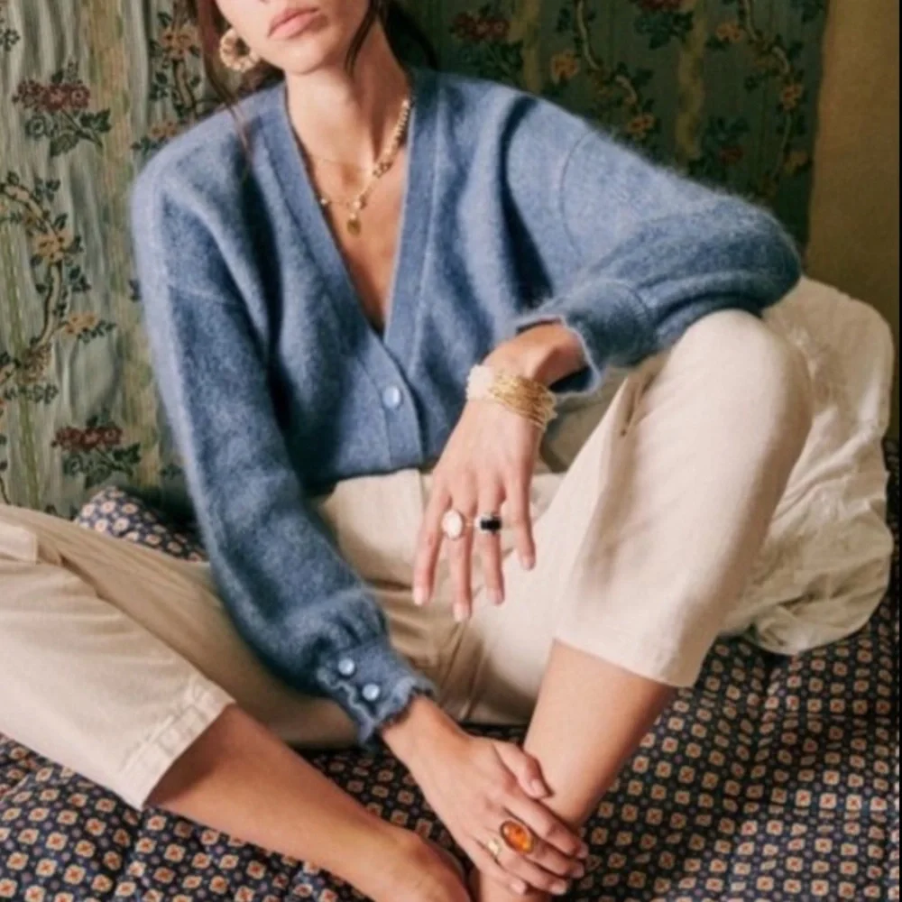 SEZANE Blue Mohair Wool Balloon Sleeve Oversized Mia V Neck Cardigan Sweater - Picture 16 of 16